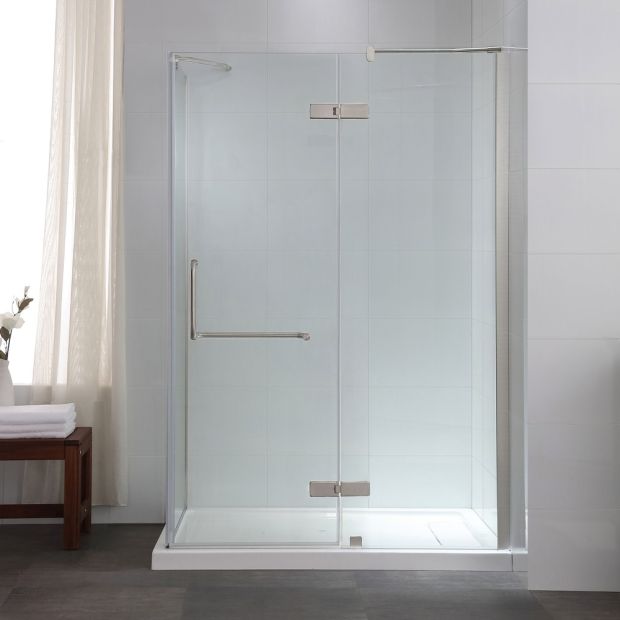 OVE Decors Shelby 74in H x 58.25in to 59.75in W Frameless Hinged Satin Nickel Shower Door